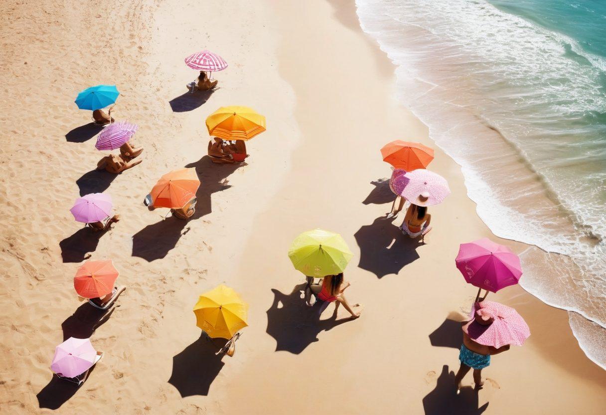 A serene beach scene featuring a diverse group of individuals joyfully trying on various stylish bathing suits, surrounded by vibrant beach umbrellas, soft sand, and gentle waves in the background. Include an array of colors, patterns, and styles, emphasizing a sense of comfort and confidence. The scene should convey relaxation and freedom, with elements like sun hats and beach towels. vintage illustration. bright colors. soft focus.