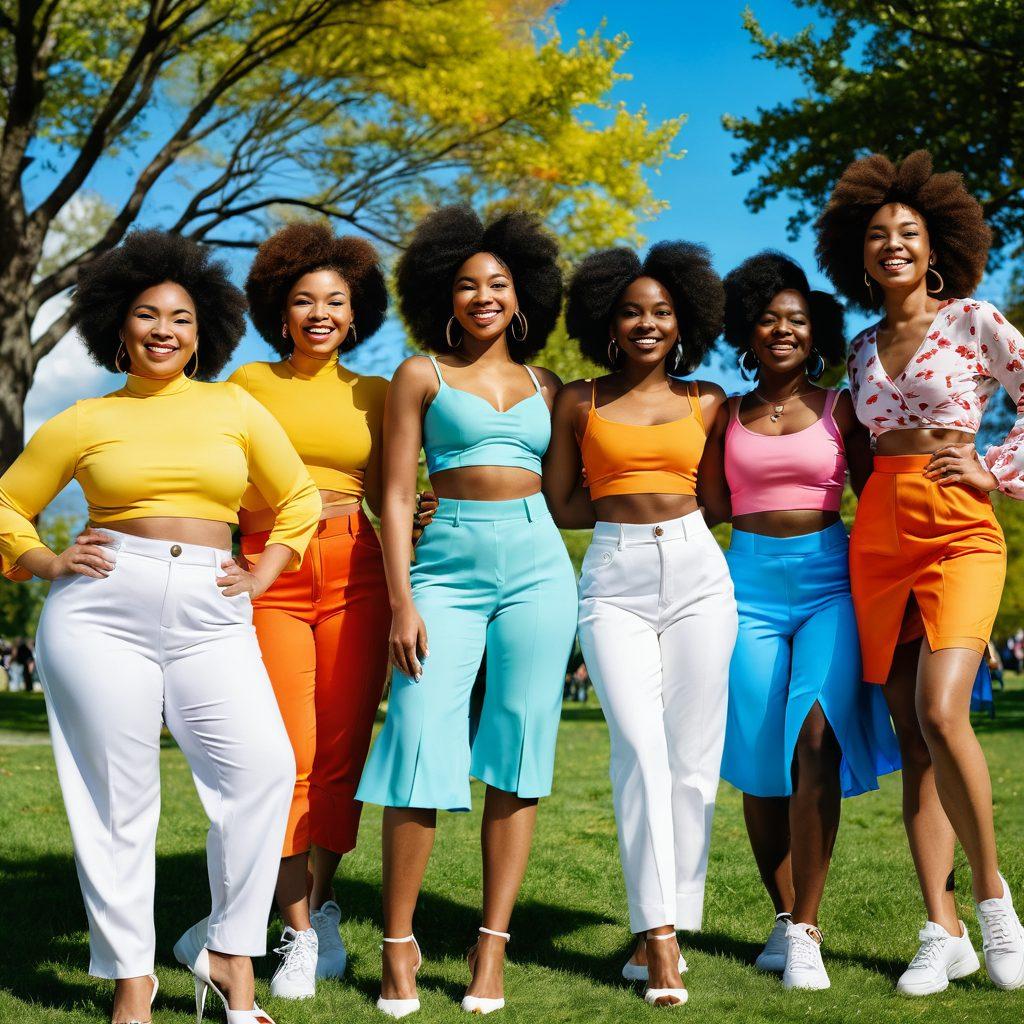 A diverse group of confident individuals of various body types showcasing stylish two-piece outfits in a bright, vibrant park setting. The scene captures laughter, joy, and empowerment, with colorful fabrics fluttering in the breeze. Include a sunny sky with fluffy clouds in the background to enhance positivity. Elements of confidence, fashion, and inclusivity should be prominent. super-realistic. vibrant colors. sunny background.